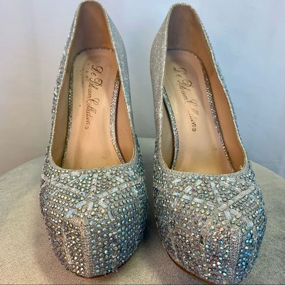 Silver with embellished iridescent Rhinestone gem platform pump High heels 8.5 - Picture 5 of 8
